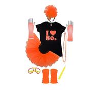I Love 80's Neon Colour Fancy Dress Costume T-Shirt Legwarmers Gloves Ultimate Set (Small, Orange)