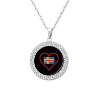 I Love Aland Island Red Heart Fashion Necklace Chain Round Graphic Pendant with Diamond Jewellery Silver-style