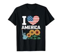 I Love America Patriotic Statue Sunflowers Value Graphic T-Shirt, Men, Black, M