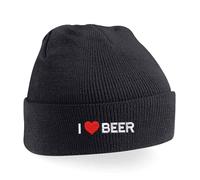 I Love Beer Embroidered Beanie Hat | Unisex Adult Winter Knit Cap | Funny Alcohol Enthusiast Gift Navy