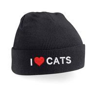 I Love Cats Beanie Hat | Embroidered Kitten Knit Cap for Adults | Unisex Winter Accessory Black