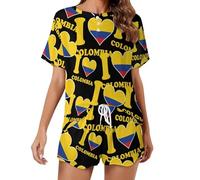 I Love Colombia Flag Printed Pajama Set for Women Soft Cute Short Sleeve Summer Sleepwear 2 Piece 5XL