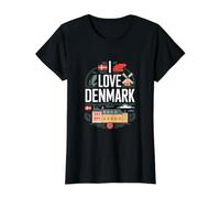 I Love Denmark Danish Flags Windmill Icon Value Graphic T-Shirt, Women, Black, XS