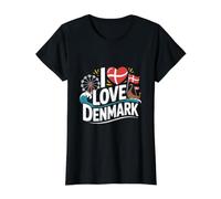I Love Denmark Ferris Wheel Flag Viking Ship Value Graphic T-Shirt, Women, Black, S