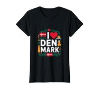 I Love Denmark Flags Crown Windmill Value Graphic T-Shirt, Women, Black, L
