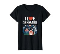I Love Denmark Windmill Danish Flag Design Value Graphic T-Shirt, Women, Black, L