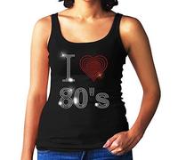 I Love Eighties 80s Ladies Vest - Rhinestud Design - POP Disco Fancy Dress - (Size 8 to 16) (6-8 Small, Black)