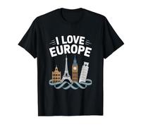 I Love Europe Iconic Landmarks Skyline Value Graphic T-Shirt, Men, Black, L
