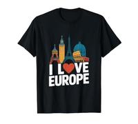 I Love Europe Iconic Landmarks Travel Design Value Graphic T-Shirt, Men, Black, M