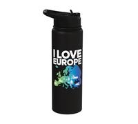 I Love Europe Map Iconic Landmarks Stainless Steel Insulated Water Bottle