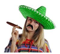 I LOVE FANCY DRESS 1X GREEN MEXICAN SOMBRERO HATS PLUS 1X MOUSTACHE PLUS 1X FAKE JUMBO CIGAR STRAW