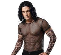 I LOVE FANCY DRESS 2000s Wrestler Tag Team Brother Inspired Costume Set - Black Sheer Mesh Long Sleeve Top, Black Wavy Wig and Two Fake Full Arm Tattoo Sleeves for Adults