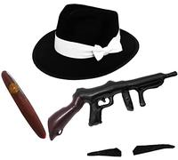 I LOVE FANCY DRESS 4 PIECE 1920's GANGSTER SET - BLACK TRILBY HAT WITH WHITE BAND, CIGAR, INFLATABLE TOMMY GUN AND STICK ON SPIV MOUSTACHE