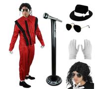 I LOVE FANCY DRESS Adult Deluxe King of Pop Costume - Red Thriller-Style Jacket & Trousers, Aviator Glasses, Black & White Hat, White Gloves, Curly Black Wig & Inflatable Standing Microphone, XL