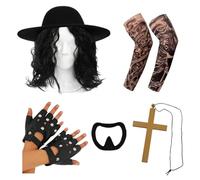 I LOVE FANCY DRESS Adults 1990s Wrestler Costume Set - Black Crimped Wig, Hat, Tattoo Sleeves, Gloves, Goatee, Gold Cross - Adults Unisex Wrestling Costume Accessory Set