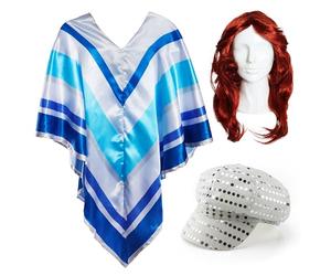 I LOVE FANCY DRESS Adults 70's Disco Costume - Silver Cap Covered in Sequins, Blue, White and Grey Striped Poncho and Long Auburn Flick Wig - Perfect for Disco Nights & 70's Parties