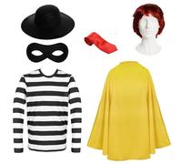 I LOVE FANCY DRESS Adults Cartoon Burglar Costume Set - Large - Striped Top, Yellow Cape, Red Wig, Hat & Accessories