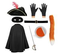 I Love Fancy Dress Adults Cat Bandit Costume - Black Tricorn Hat, Cape, Eye Mask, Sword, Cat Tail, Gloves, Face Paint - Men's Adult, One Size, World Book Day, Fancy Dress Party, Masquerade