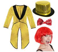 I LOVE FANCY DRESS Adults Dancing Groupie Costume - Gold Top Hat, Red Bob Wig, Gold Sequin Tailcoat, and Red Sequin Bow Tie - Perfect for Halloween & Movie Themed Events