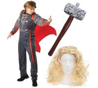 I LOVE FANCY DRESS Adults God of Thunder Thor Costume - Navy & Red with Cape, Long Blonde Wig, Inflatable Hammer - Superhero Halloween Fancy Dress