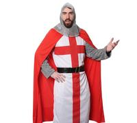 I LOVE FANCY DRESS Adults Knight Costume - English Flag Tunic With Black Belt, Red Cape, Chain Mail Armour Headpiece - Perfect for Sporting Events, English Celebrations