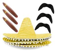 I LOVE FANCY DRESS Adults Mexican Sombrero Hats in Black - 3 Pack with Cigars and Fake Moustaches - Mexico Summer Party Stag Night Hen