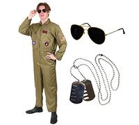 I LOVE FANCY DRESS Adults Pilots Aviator Costume - Air Pilot Jumpsuit Men Pilot Costume Aviator Jump Suit, Sunglasses & Dog Tags - Small