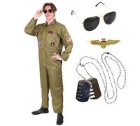 I LOVE FANCY DRESS Adults Pilots Aviator Costume - Air Pilot Jumpsuit Men Pilot Costume Aviator Jump Suit, Sunglasses, Pilot Badge & Dog Tags - X-Large