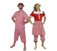 I LOVE FANCY DRESS Adults Victorian Bathers Couples Costumes - His and Hers 1920s Swimsuit Victorian Bathing Suit Costume With Matching Straw Boater Hats (Small - X-large)