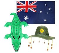 I LOVE FANCY DRESS Australia Day Costume Set - Aussie Flag + Australian Cork Hat w/Yellow Kangaroo Print + Inflatable Crocodile