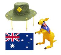 I Love Fancy Dress Australian Cork Hat, Australian Flag & Inflatable Kangaroo Set in Brown I Love Fancy Dress Brown