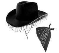 I LOVE FANCY DRESS Black DiamantÈ Cowboy Hat & Bandana - Pack of 1 - Black Cowgirl Hat with Rhinestone Fringe and Paisley Bandana - Adults Hen Party Wild West Costume Accessory Set