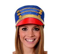 LADIES MAJORETTE HAT - TALL BLUE HAT WITH RED BRIM AND GOLD DETAILING - ADULTS TOY SOLDIER HAT WITH BUTTONS NUT CRACKER CHEERLEADER FANCY DRESS ACCESSORY (ONE SIZE)
