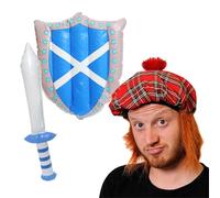 I LOVE FANCY DRESS Burns Night Accessory Set - TAM'O'SHANTER HAT with Attached Fake Ginger Hair + Inflatable Scottish Flag Sword and Shield Red