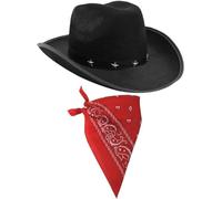 I LOVE FANCY DRESS Cowboy Hat & Neckscarf Accessories. Black Star-studded Cowboy Hat & White Bandana. Wild West Western Sheriff. Pack of: 6 | Bandana Colour: Paisley Red