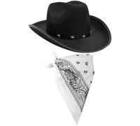 I LOVE FANCY DRESS COWBOY HAT & COWBOY NECKSCARF ACCESSORIES. BLACK STAR-STUDDED COWBOY HAT & WHITE BANDANA. WILD WEST WESTERN SHERIFF. PACK OF: 1 | BANDANA COLOUR: WHITE
