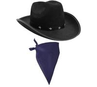 I LOVE FANCY DRESS Cowboy Hat & Neckscarf Accessories. Black Star-studded Cowboy Hat & White Bandana. Wild West Western Sheriff. Pack of: 1 | Bandana Colour: Blue