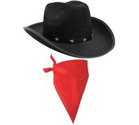I LOVE FANCY DRESS COWBOY HAT & COWBOY NECKSCARF ACCESSORIES. BLACK STAR-STUDDED COWBOY HAT & WHITE BANDANA. WILD WEST WESTERN SHERIFF. PACK OF: 1 | BANDANA COLOUR: RED