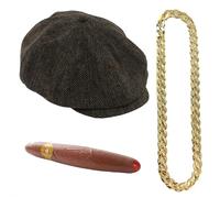 I LOVE FANCY DRESS Del Accessory Set - Brown Flat Cap Hat, Gold Chain Necklace and Plastic Jumbo Cigar - Perfect for Themed Parties