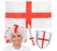 I Love Fancy Dress England Curly Wig, 5ft x 3ft Flag & Inflatable Sword & Shield in Red | Size: 2 Pack I Love Fancy Dress Red 2 Pack