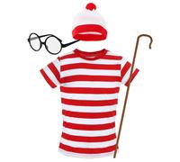 I Love Fancy Dress Find Me - Top, Hat, Glasses & Crook - Wheres Wally Inspired Costume in Red | Size: Large I Love Fancy Dress Red Large