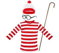 I Love Fancy Dress Find Me - Top, Hat, Glasses & Crook - Wheres Wally Inspired Costume in Red | Size: XL I Love Fancy Dress Red XL