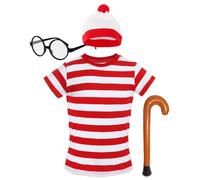 I Love Fancy Dress Find Me - Top, Hat, Glasses & Stick - Wheres Wally Inspired Costume in Red | Size: Large I Love Fancy Dress Red Large