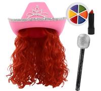 I LOVE FANCY DRESS Glam Cowgirl Costume Set - Pink Cowboy Hat, Red Wig, Microphone, Rainbow Face Paint & Red Lipstick - Pony Inspired Look