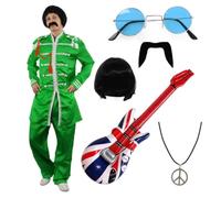 I LOVE FANCY DRESS Green Sgt. Pepper Inspired Costume Set - Includes Jacket, Wig, Inflatable Union Jack Guitar, Round Glasses, Moustache & Peace Necklace