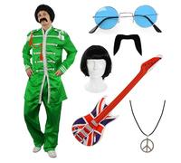 I LOVE FANCY DRESS Green Sgt. Pepper Inspired Costume Set - Small - Includes Jacket, Wig, Inflatable Union Jack Guitar, Round Glasses, Moustache & Peace Necklace