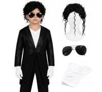 I LOVE FANCY DRESS Kids Black Sequin Tailcoat Pop Star Costume - Small - 4-Piece Set with Curly Wig, Aviator-Style Glasses & White Gloves - Boys & Girls Dance Show, World Book Day
