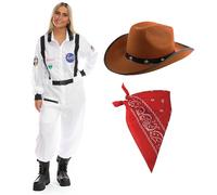 I LOVE FANCY DRESS Ladies Space Cowboy Costume Set - XLarge - Astronaut Jumpsuit with Brown Cowboy Hat & Red Bandana