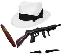 I LOVE FANCY DRESS LTD 4 PIECE 1920's GANGSTER SET - WHITE TRILBY HAT WITH BLACK BAND, CIGAR, INFLATABLE TOMMY GUN AND STICK ON SPIV MOUSTACHE