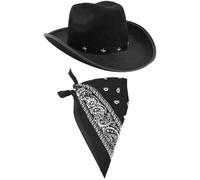 I LOVE FANCY DRESS COWBOY HAT & COWBOY NECKSCARF ACCESSORIES. BLACK STAR-STUDDED COWBOY HAT & WHITE BANDANA. WILD WEST WESTERN SHERIFF. PACK OF: 1 | BANDANA COLOUR: BLACK